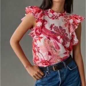 Banjanan Red Floral Ruffle Blouse